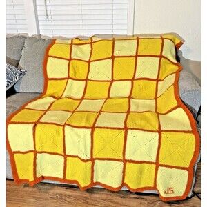 Vtg Handmade Granny Square Crochet Afghan Blanket Yellow Burnt Orange 5Ft X 6Ft